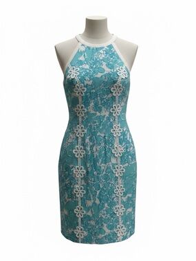 Lilly Pulitzer Turquoise &White floral halter dress-floral Appliqués Detail